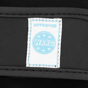 Black shin instep guard label patch with blue “APPROVED WAKO” text
