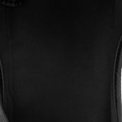 Black shin instep guard fabric panel with textured surface and stitched trim