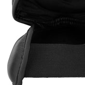 Black shin instep guard with elastic strap and stitched seam detail