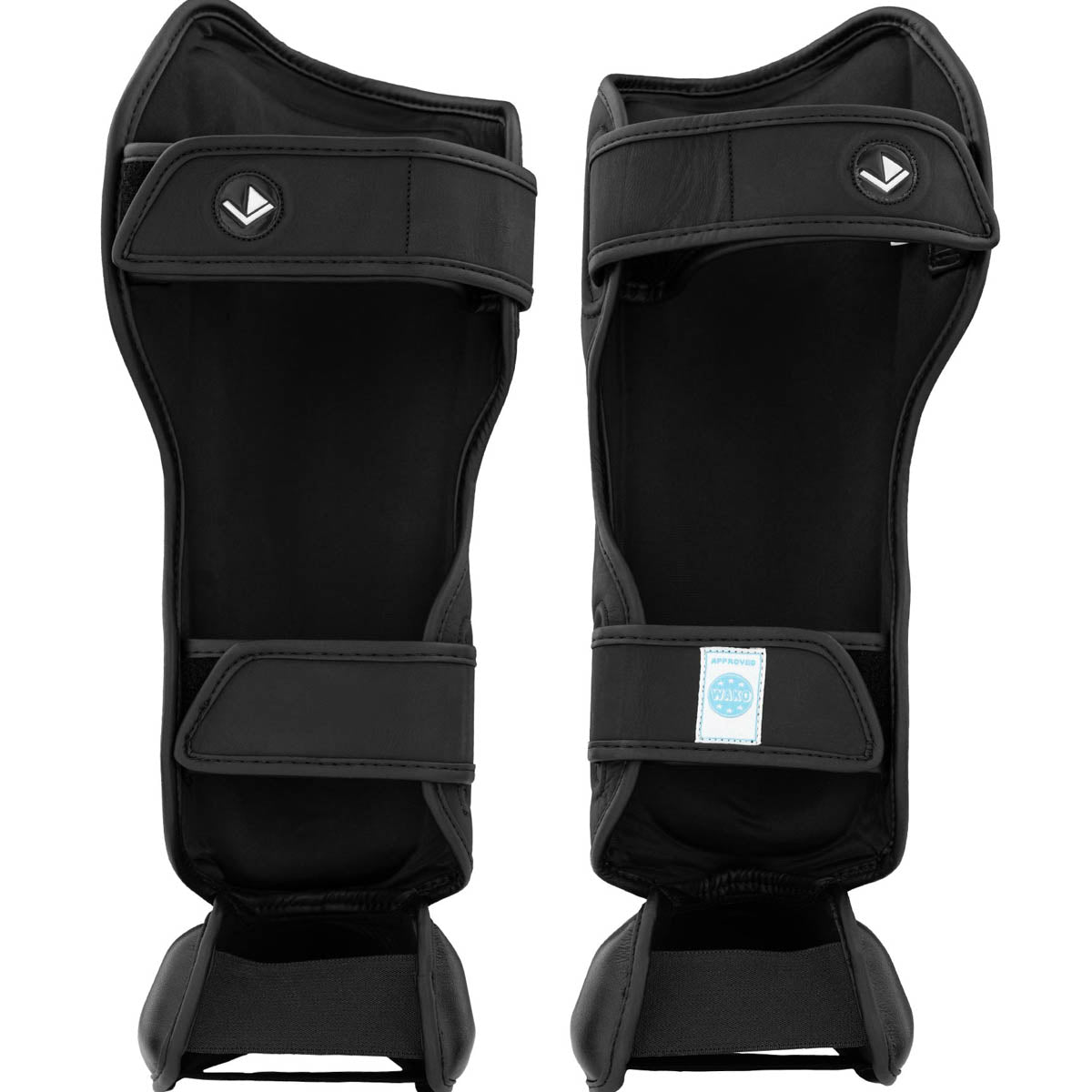 Black shin instep guards with hook-and-loop straps and inner label patch