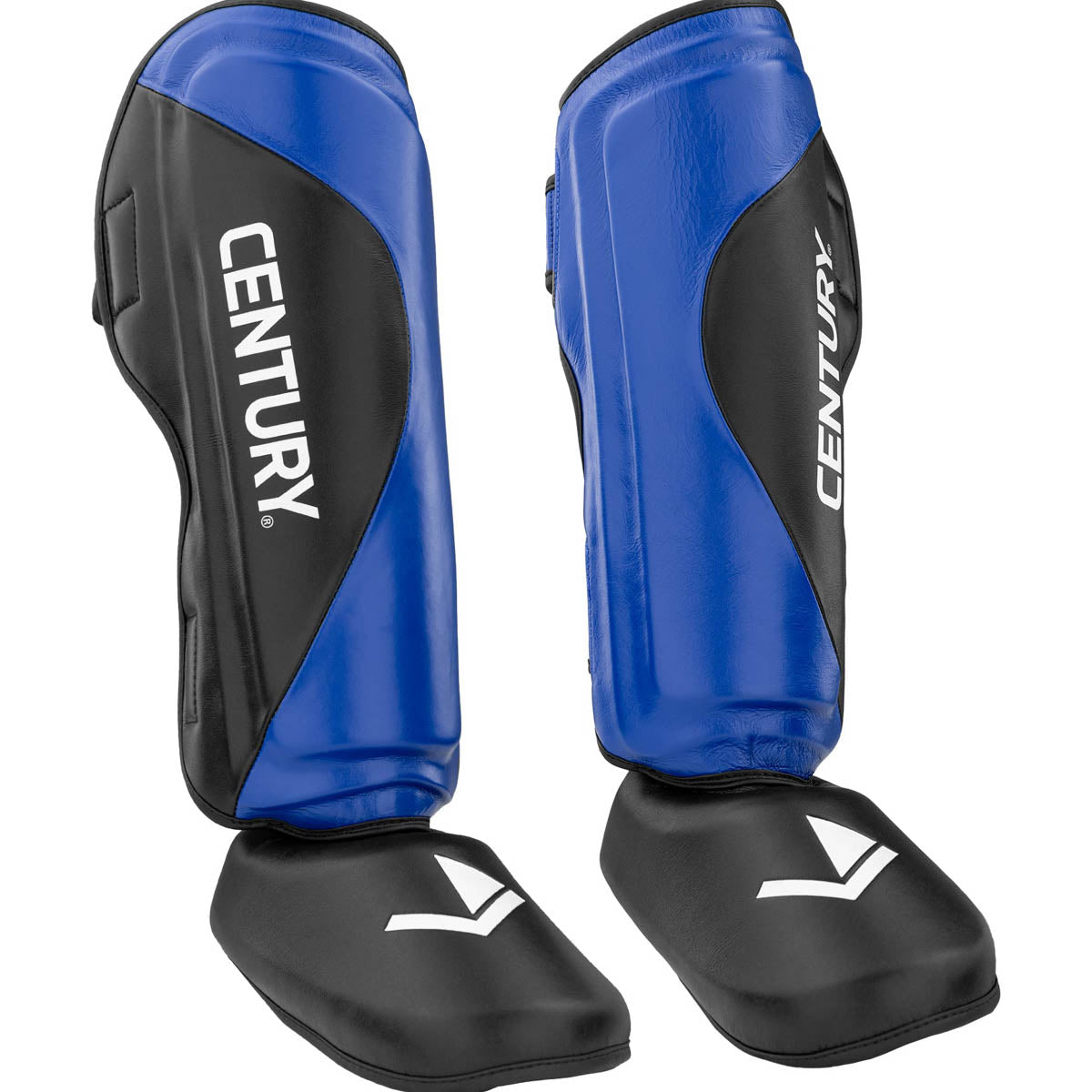 Blue and black shin instep guards pair with “CENTURY” side print