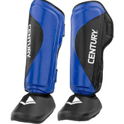 Blue and black shin instep guards with “CENTURY” logo and padded foot shields