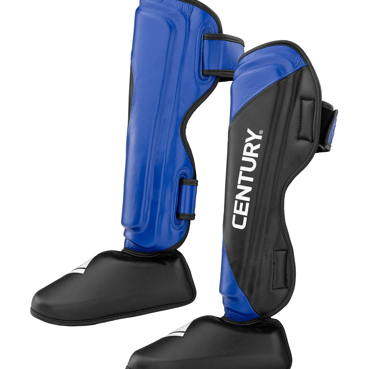Blue and black shin instep guard set with side straps and contoured boot pads