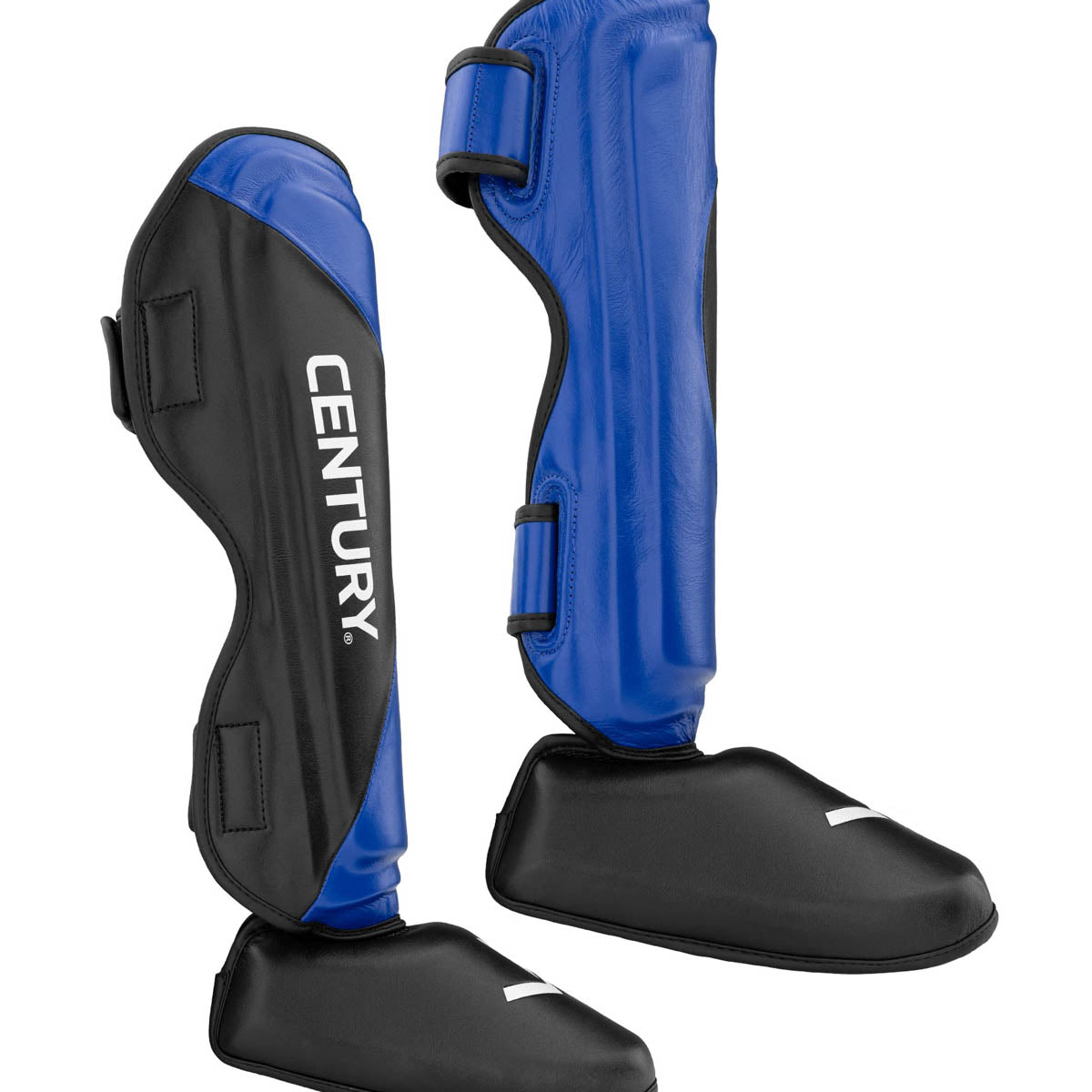 Blue and black shin instep guards with hook-and-loop straps and curved shin shell