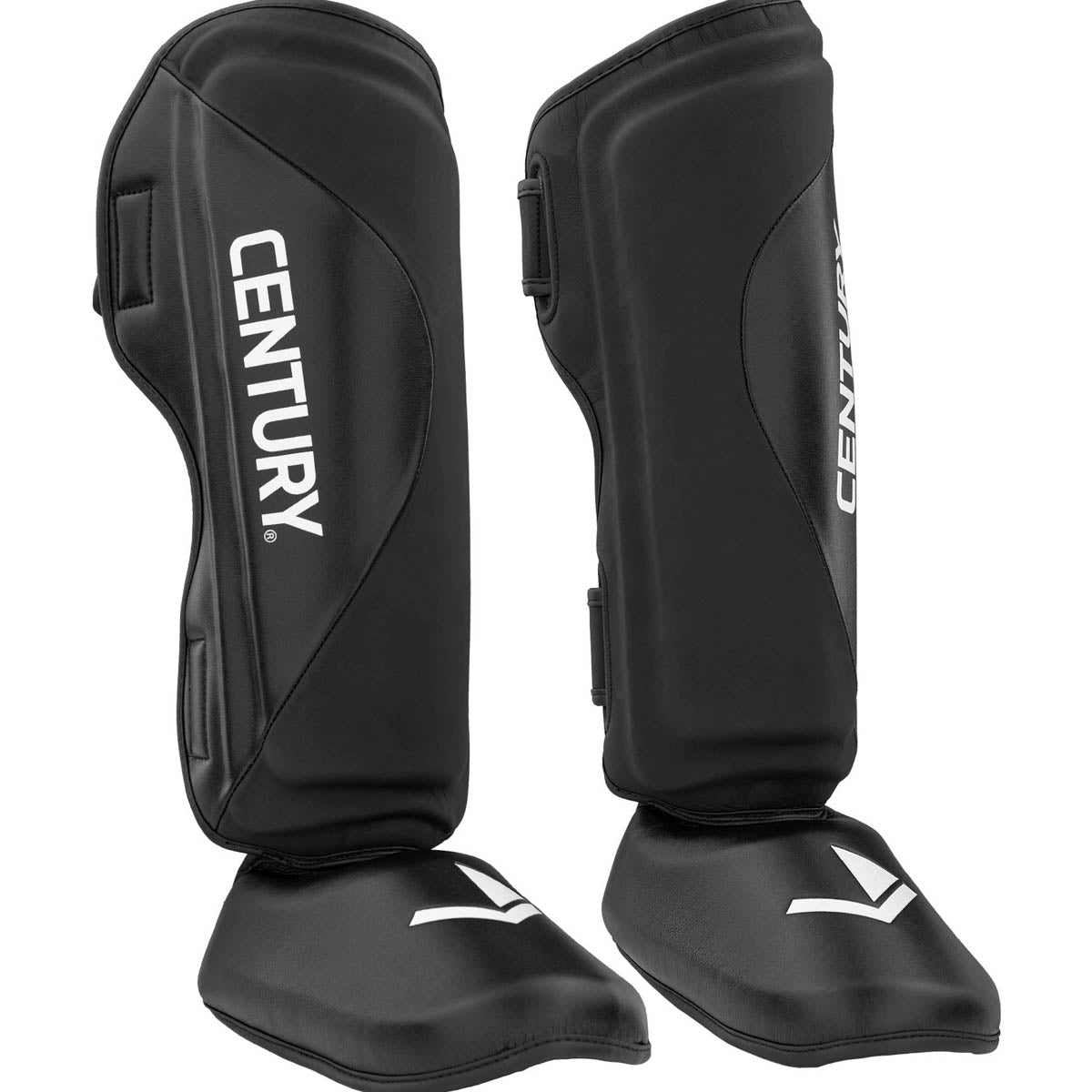 Black shin instep guards with printed logo and molded knee coverage