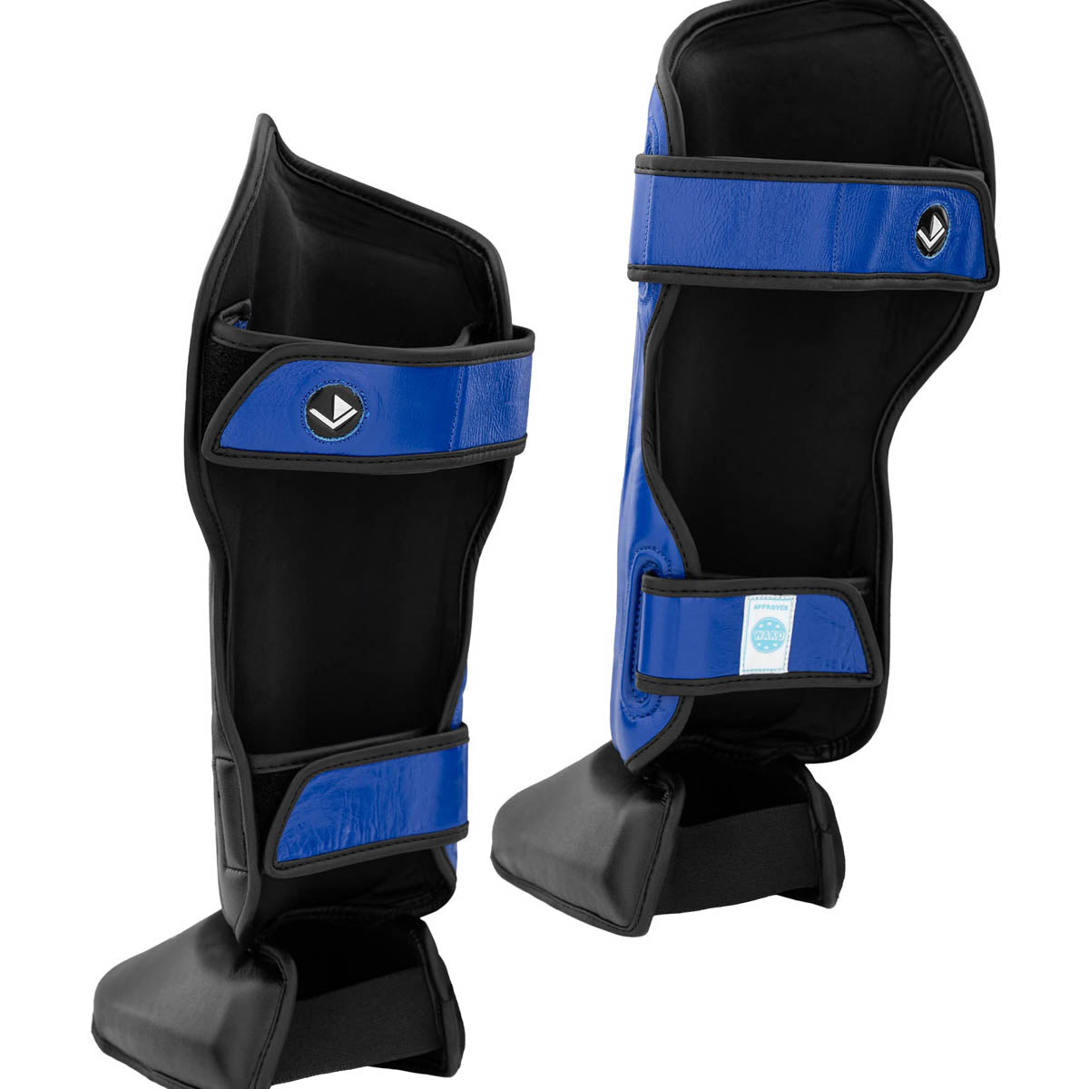 Black and blue shin instep guards with hook-and-loop straps and CENTURY logo