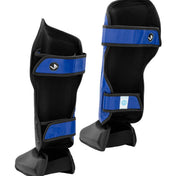 Black and blue shin instep guards with hook-and-loop straps and CENTURY logo