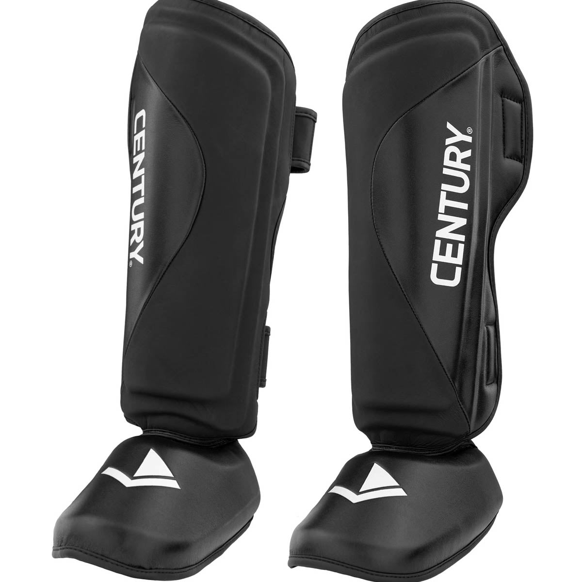 Black shin instep guards with hook-and-loop straps and white logo