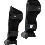 Black shin instep guards with top strap, side emblem, and hook-and-loop closure