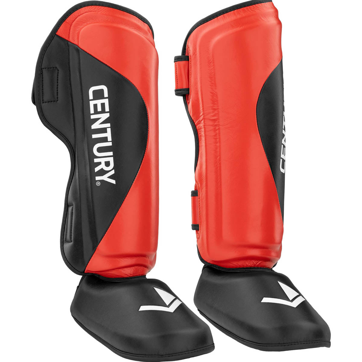 Red and black shin instep guards with curved shells, CENTURY marks, and ankle pads