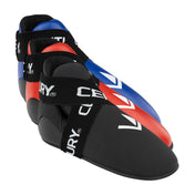 WAKO Creed kicks in black, blue, and red with hook-and-loop straps and logo branding