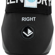 Black heel close-up with 'RIGHT' marking and geometric logo emblem
