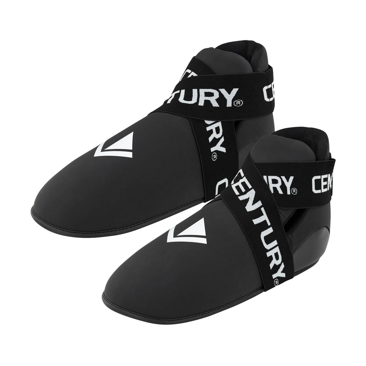 Black slip-on kicks with 'CENTURY' strap and white logo print on the upper