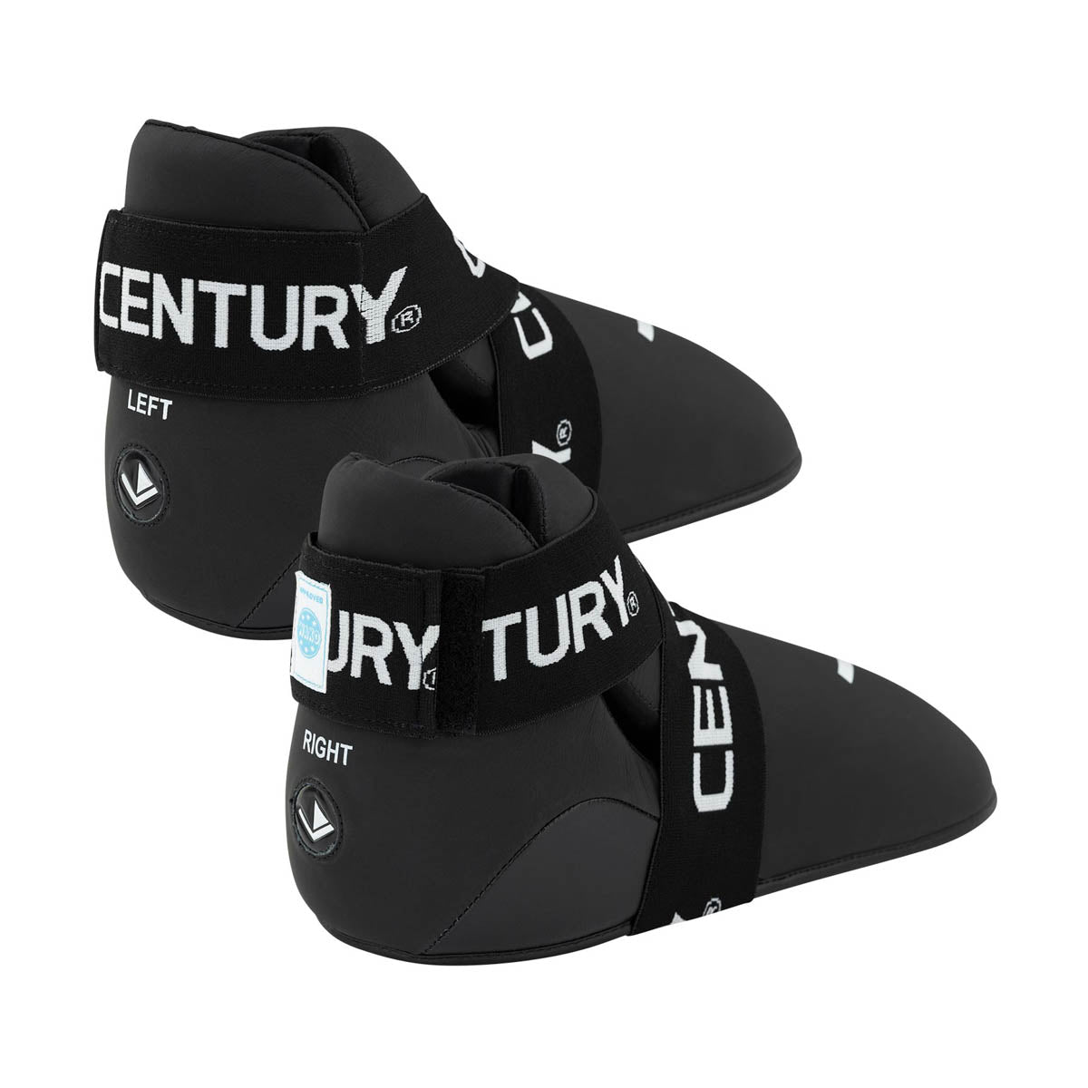 Black slip-on kicks with 'LEFT' and 'RIGHT' markings on the strap and white logos