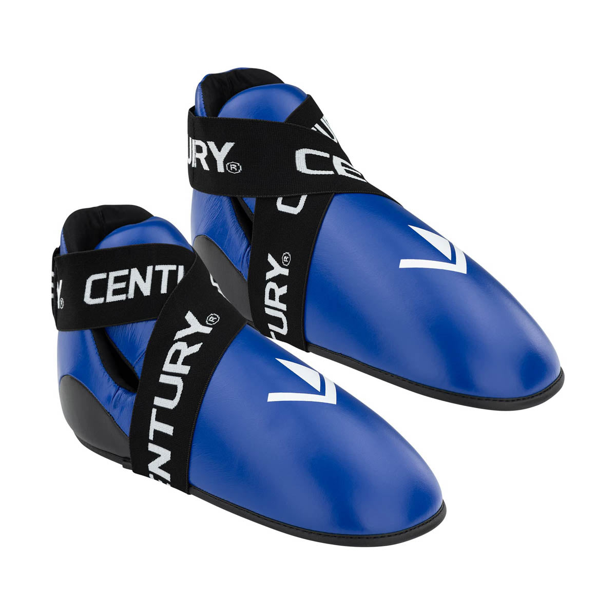 Blue high-top kicks with curved toe, logo strap detail, and rubber outsole