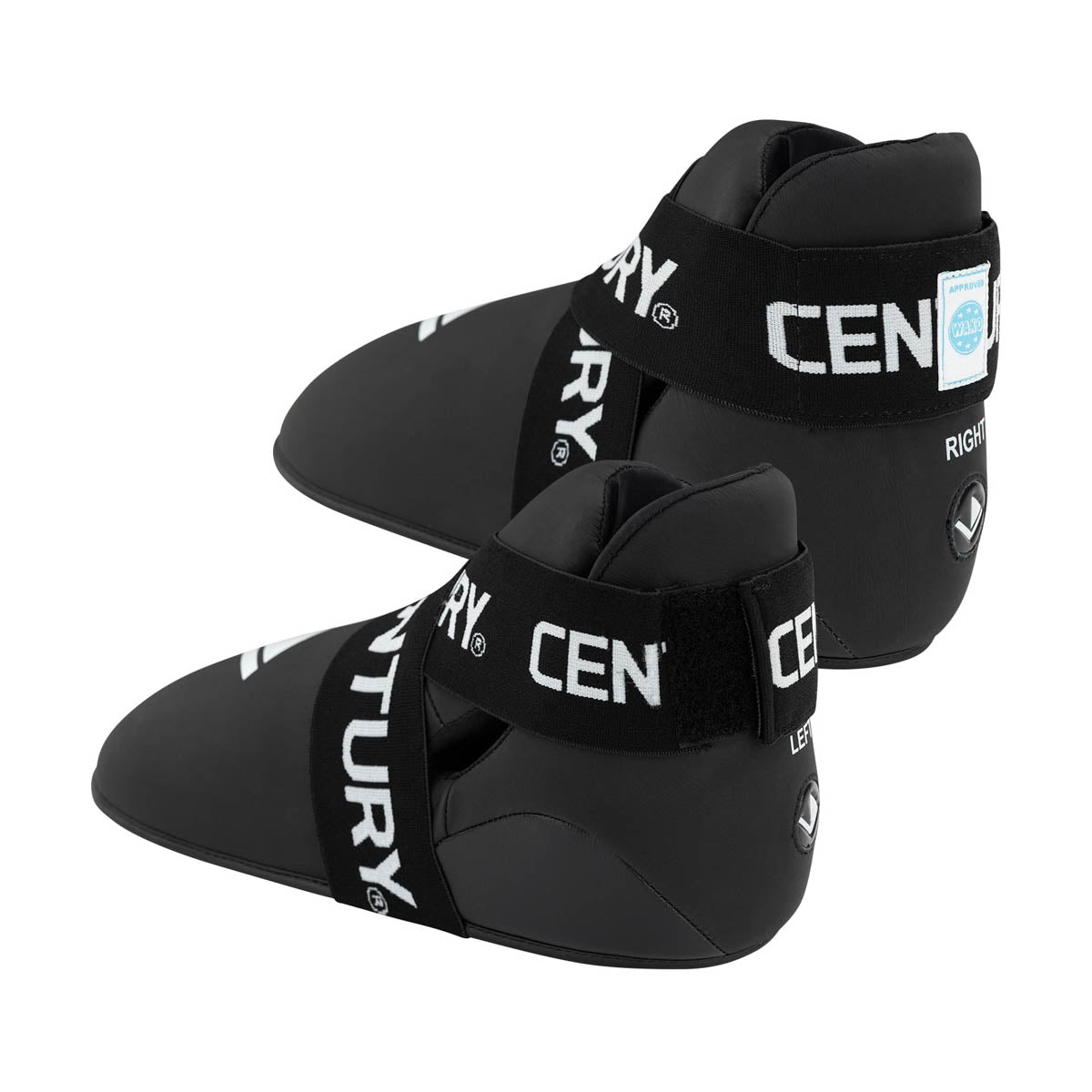 Black slip-on kicks with 'CENTURY' straps and small blue label patch on side