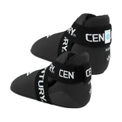 Black slip-on kicks with 'CENTURY' straps and small blue label patch on side