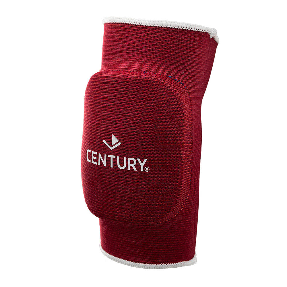 Reversible elbow protector, red knit sleeve with white trim and CENTURY logo