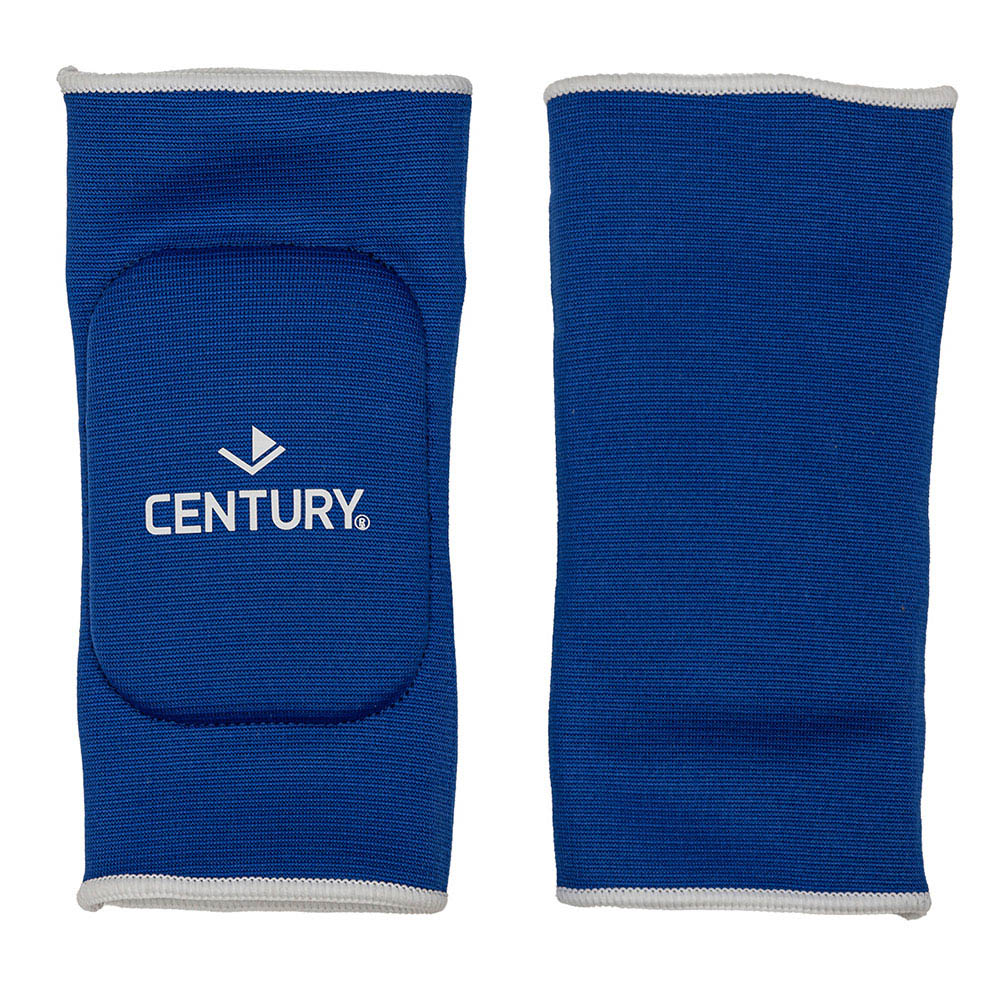 Reversible elbow protector, blue knit sleeves with padded elbow panel and CENTURY logo