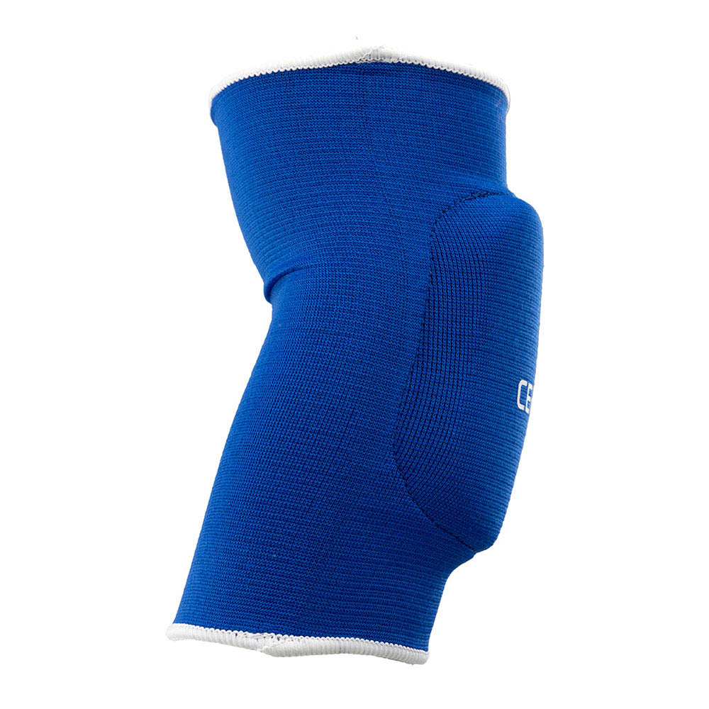Reversible elbow protector sleeve, blue knit with padded elbow area and white edge trim