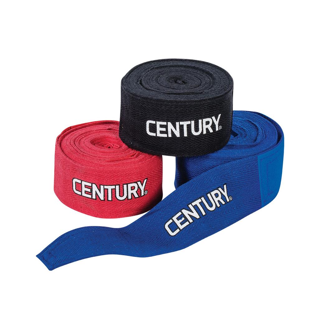 Assorted cotton hand wraps set: black, red, and blue rolls with CENTURY branding
