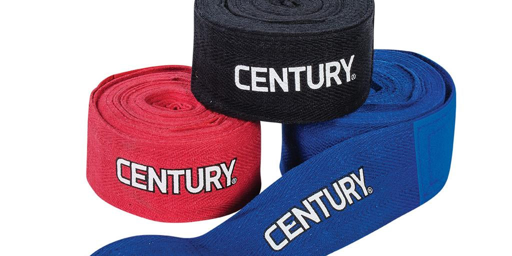 Assorted cotton hand wraps set: black, red, and blue rolls with CENTURY branding