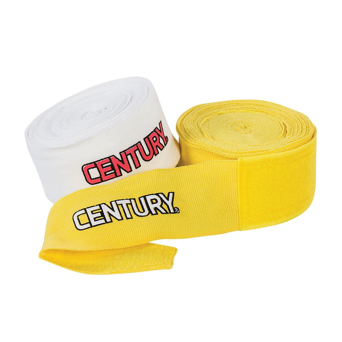 White and yellow stretch hand wraps with CENTURY logo labels, rolled lengths