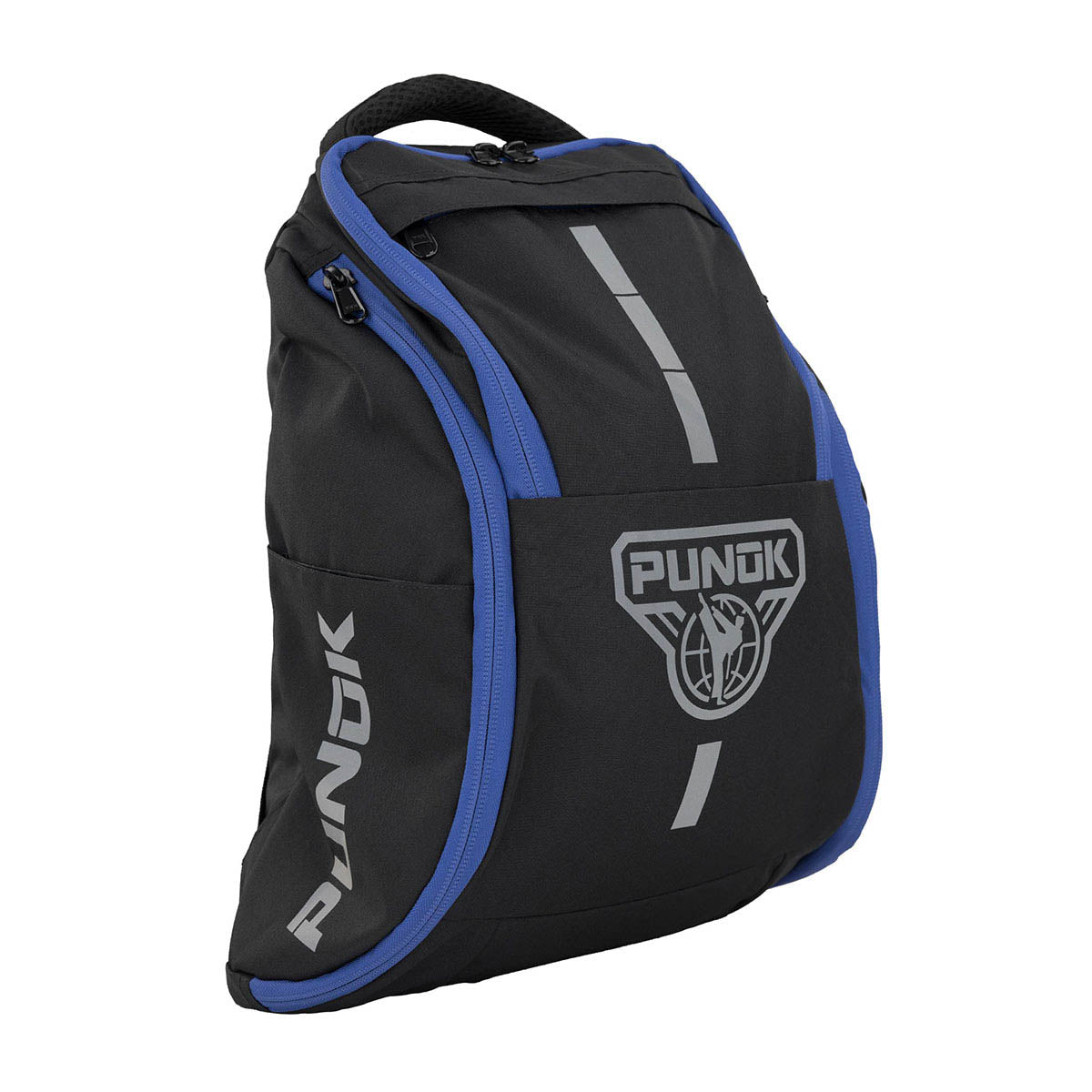 Black and blue backpack with zip top, front stripes, and PUNK logo patch