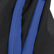 Close-up of blue padded shoulder straps on a black backpack