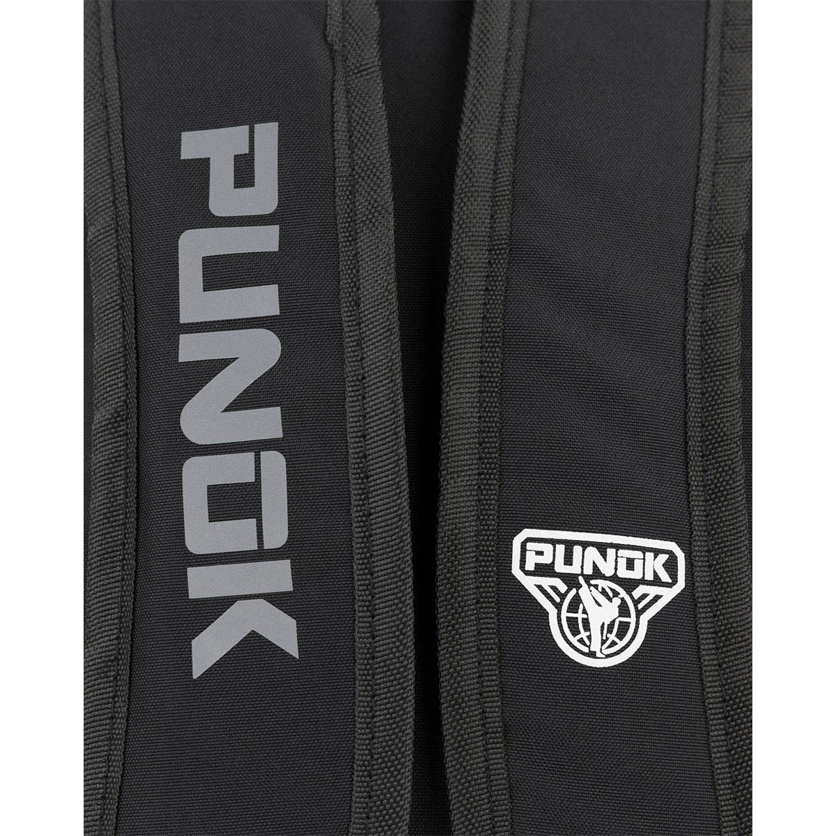 Black backpack with vertical Punok logo and front emblem