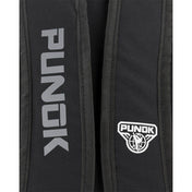 Black backpack with vertical Punok logo and front emblem