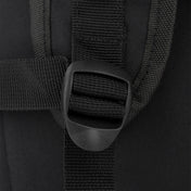 Black backpack shoulder strap with plastic buckle and woven webbing