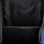 Black backpack interior with open top and blue zipper track