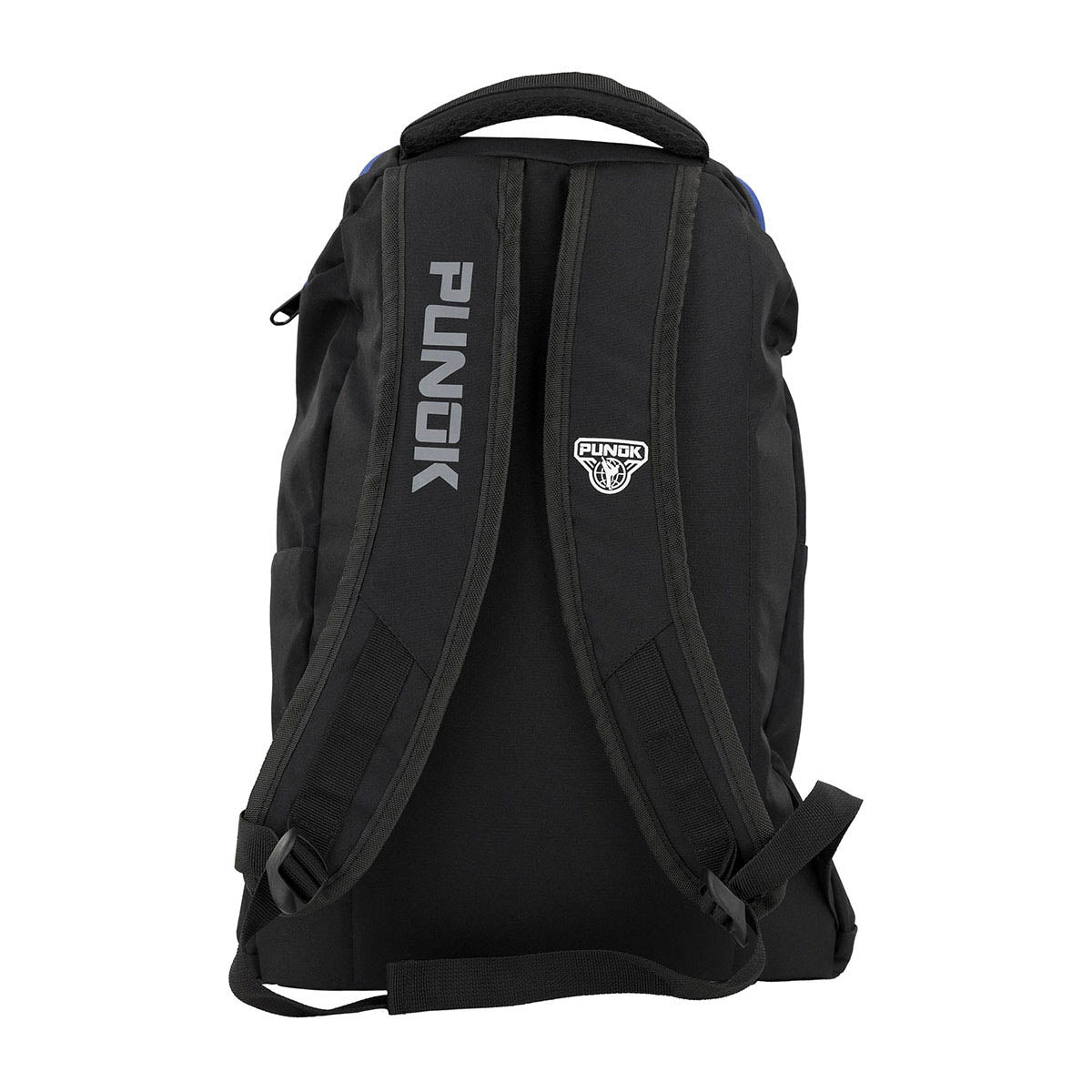 Black backpack with padded shoulder straps, back panel, and small PUNK logo