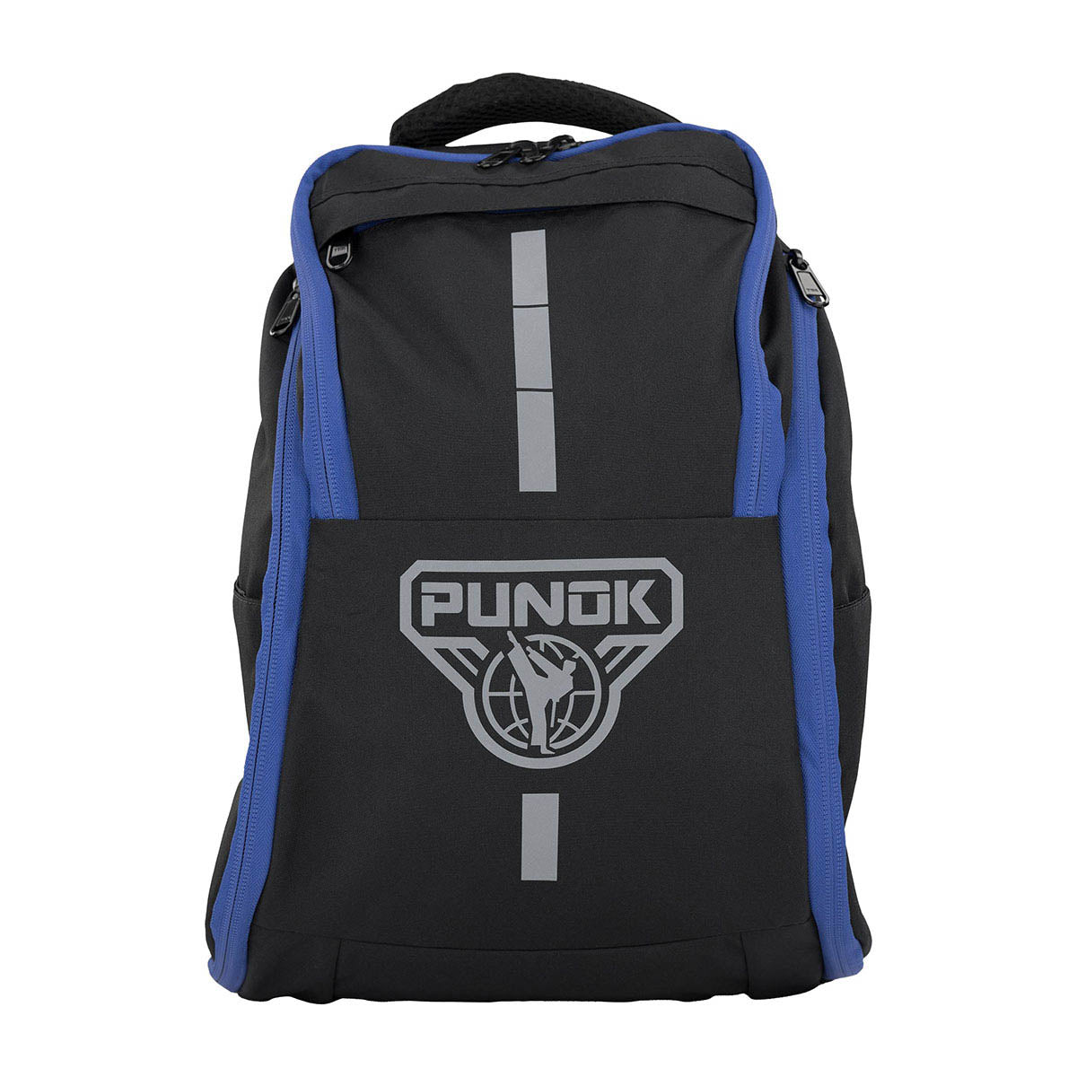 Black backpack with blue side panels, top handle, zip closure, and PUNK emblem