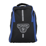 Black backpack with blue side panels, top handle, zip closure, and PUNK emblem
