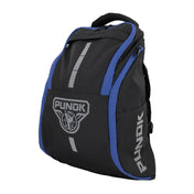 Black and blue backpack with side pocket openings, top handle, and PUNK logo