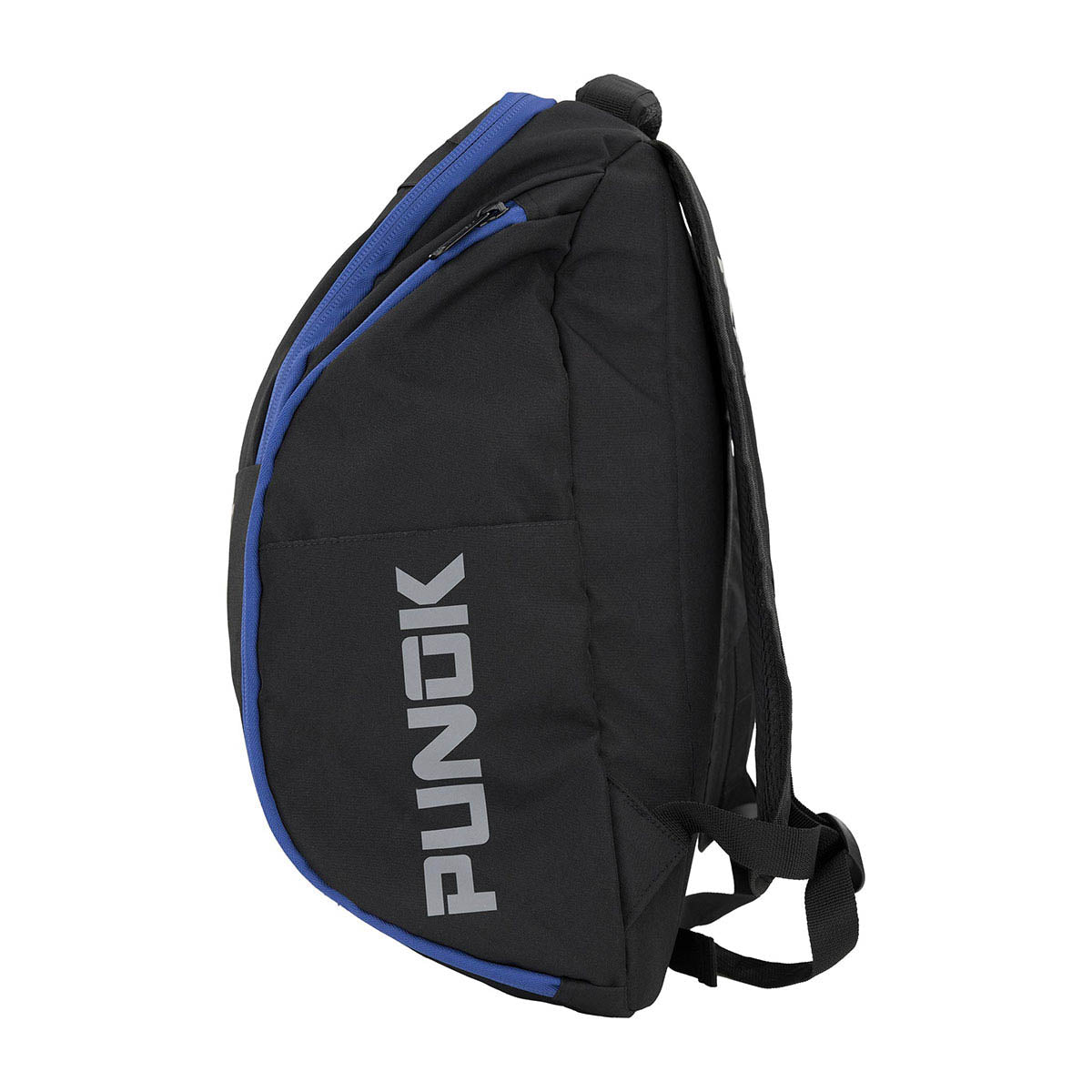 Black and blue backpack side view with PUNK text graphic and adjustable shoulder strap