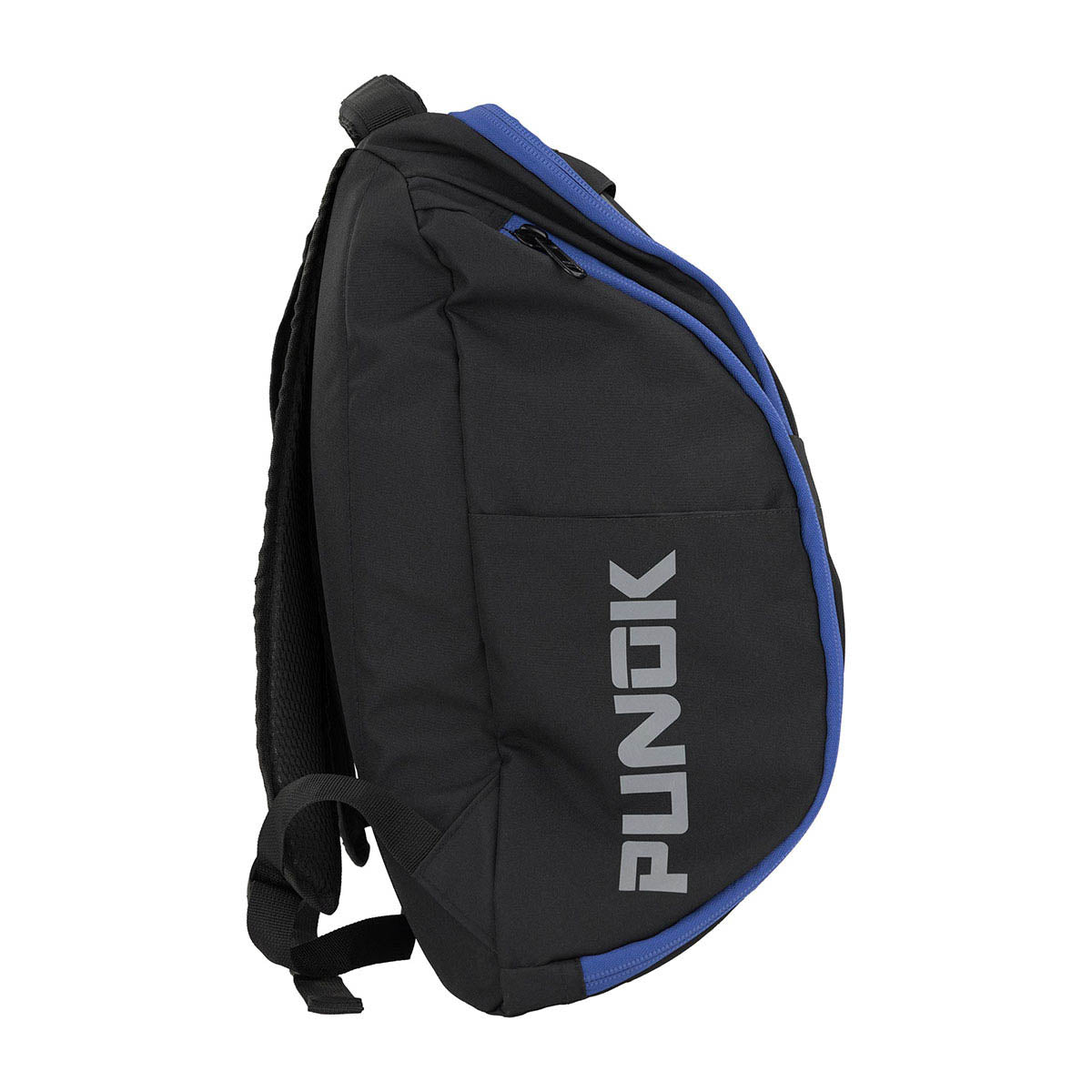Black backpack side profile with padded shoulder strap and blue trim accents