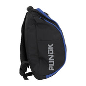Black backpack side profile with padded shoulder strap and blue trim accents