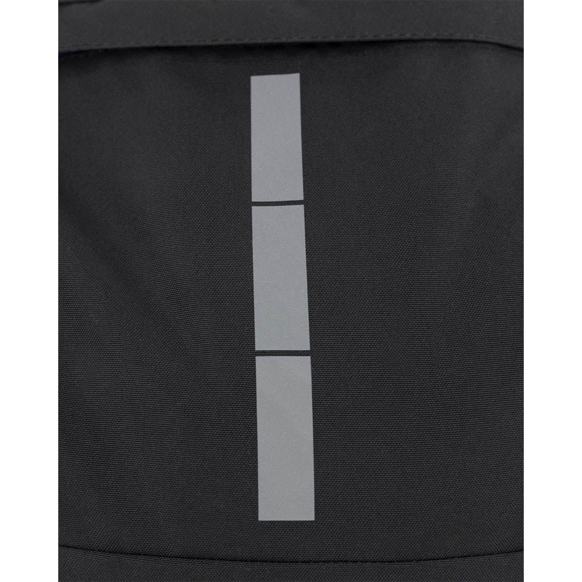 Close-up of black backpack front with vertical light-gray stripe graphic