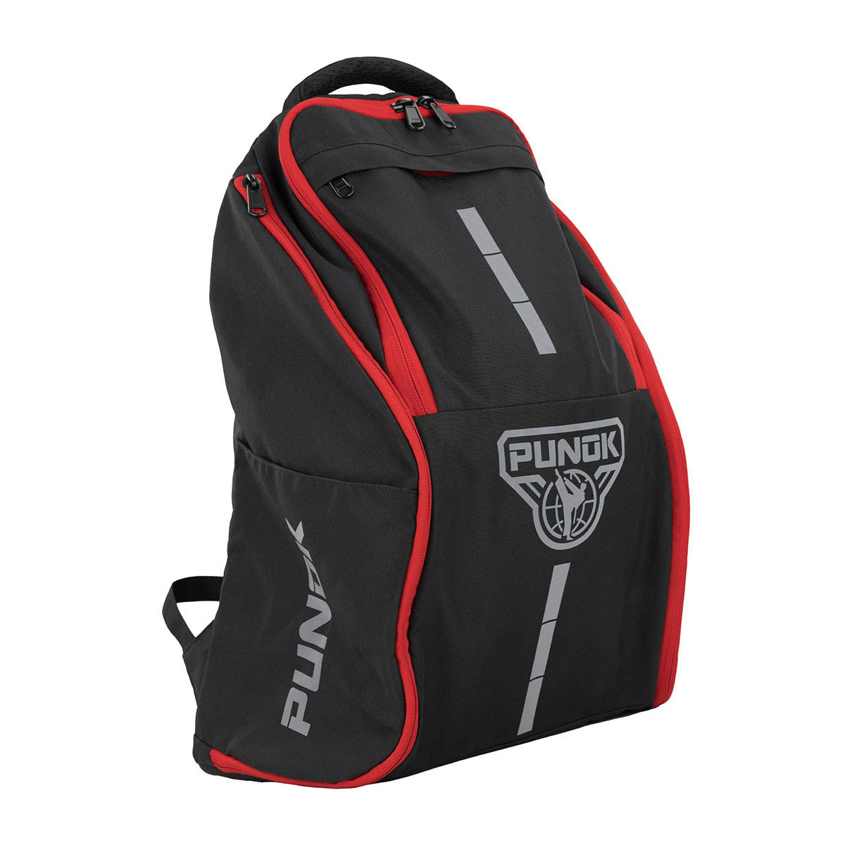 Kumite backpack in black with red trim, front zip panel and handle loop