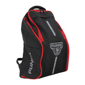 Kumite backpack in black with red trim, front zip panel and handle loop