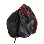 Black and red backpack with open top and inner compartment view