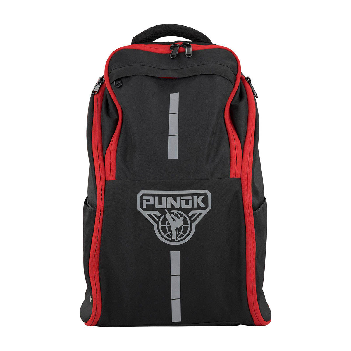 Kumite backpack, black with red piping, front emblem and center stripe detailing