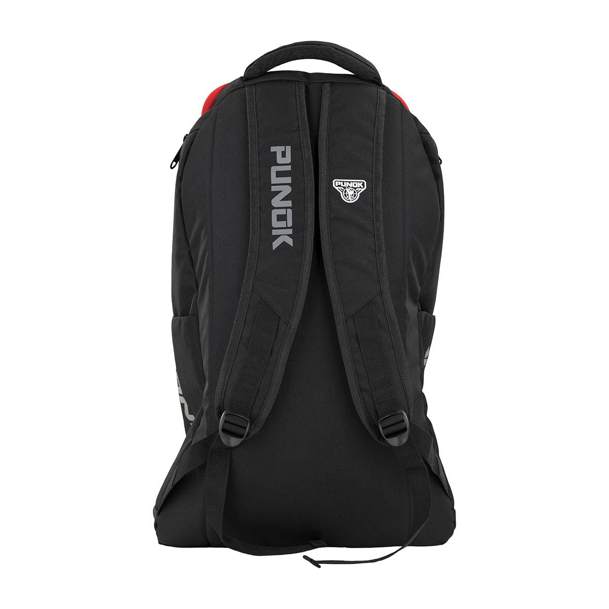 Kumite backpack back view in black with padded straps and red accent trim