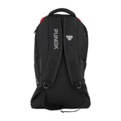 Kumite backpack back view in black with padded straps and red accent trim
