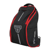Kumite backpack side view in black with red piping and front logo badge