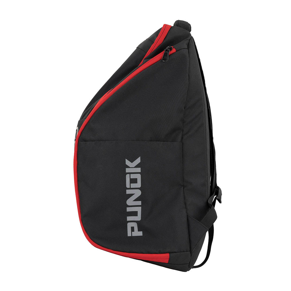 Kumite backpack side panel in black with red edge and vertical PUNOK branding