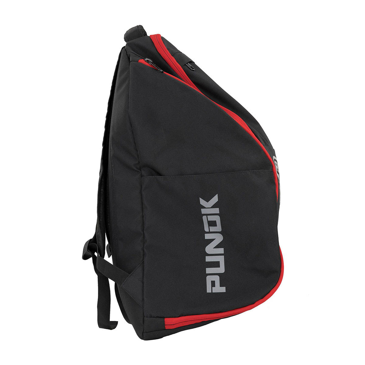 Kumite backpack three-quarter view in black with red piping and logo panel